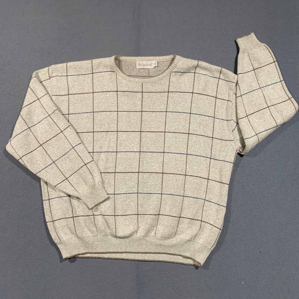 Sedgefield Sweater Men XL Beige Grid Windowpane Knit Pullover Vintage 90s USA